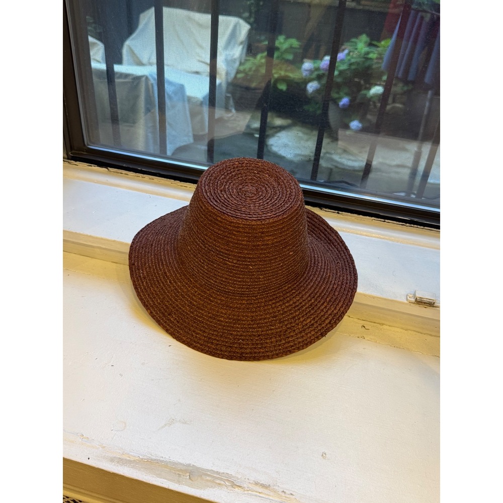 Janessa Leone Rust Brown Straw Sun Hat Flat Top Boater Medium Handcrafted